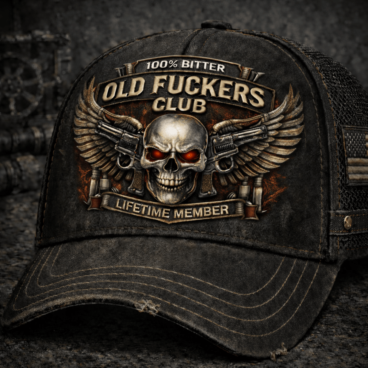 100% Bitter Old Fuckers Club Printed Trucker Hat, Lifetime Member Skull Wing Design Cap For Men, Bold Sarcastic Gift For Dad Biker