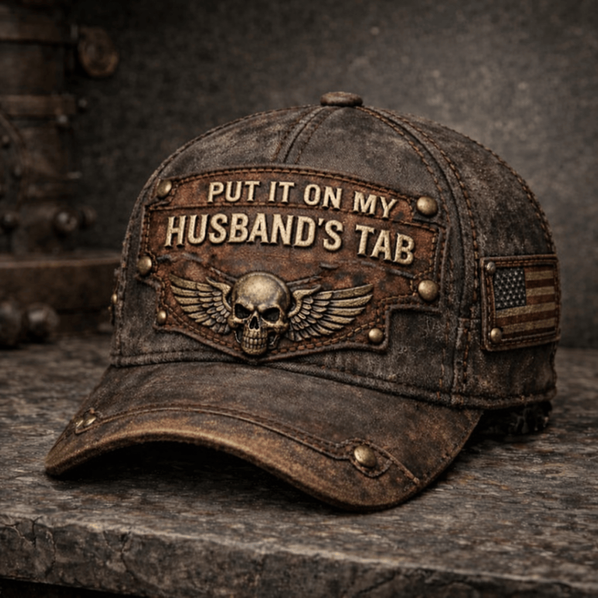 Put It On My Husband’s Tab Printed Trucker Hat, Funny Biker Skull Cap For Wife, Rustic Vintage Distressed Printed Dad Hat Gift For Her