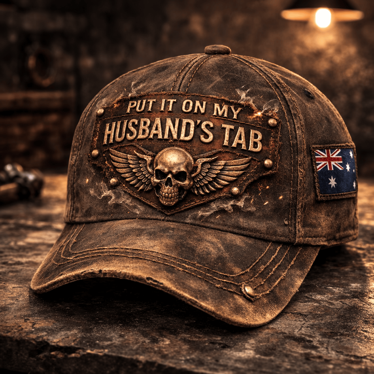Put It On My Husband’s Tab Printed Trucker Hat, Funny Biker Wife Cap With Australia Flag Patch, Vintage Humor Gift