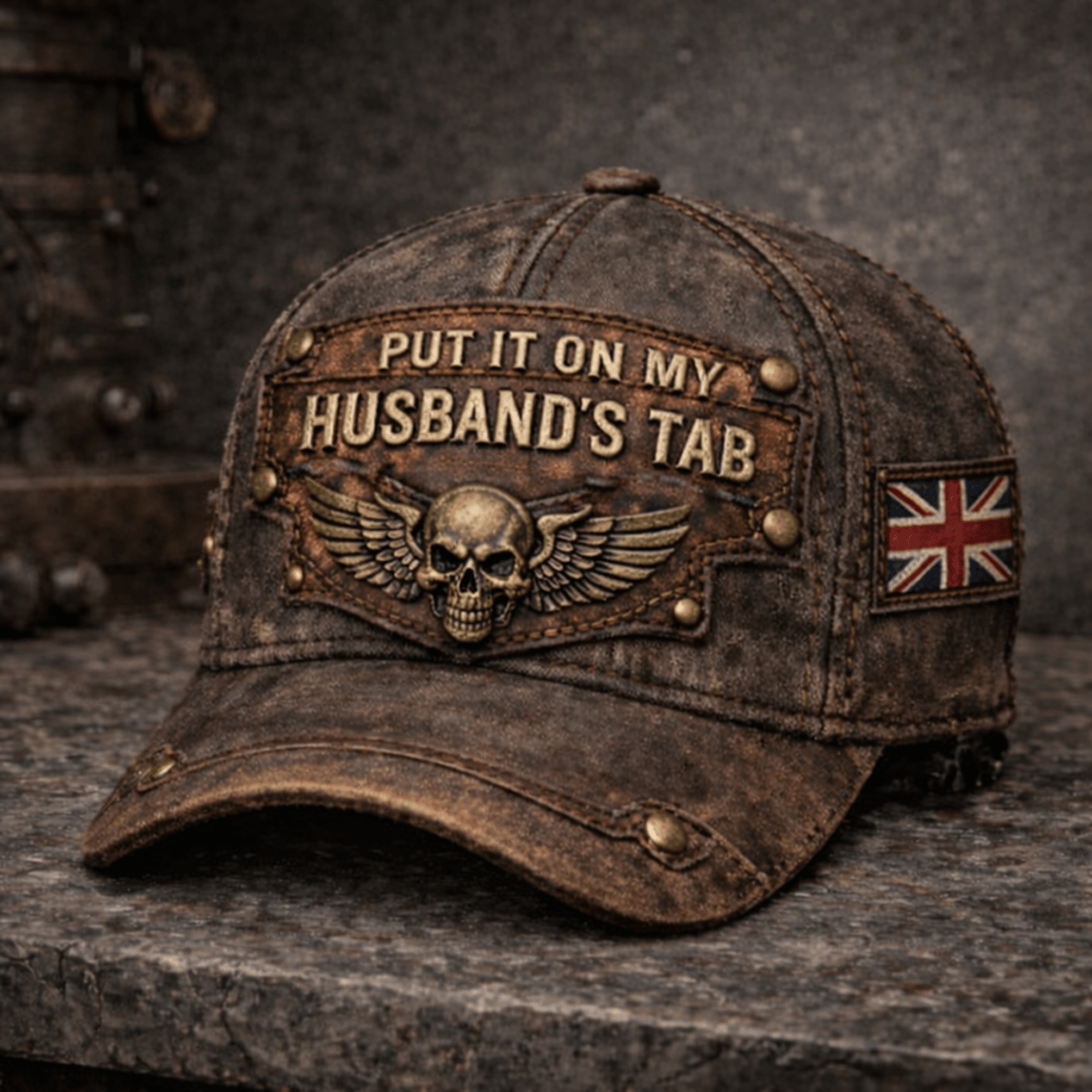 Put It On My Husband’s Tab Printed Trucker Hat, Funny Skull Wife Cap With UK Flag Patch, Rustic Distressed Printed Gift