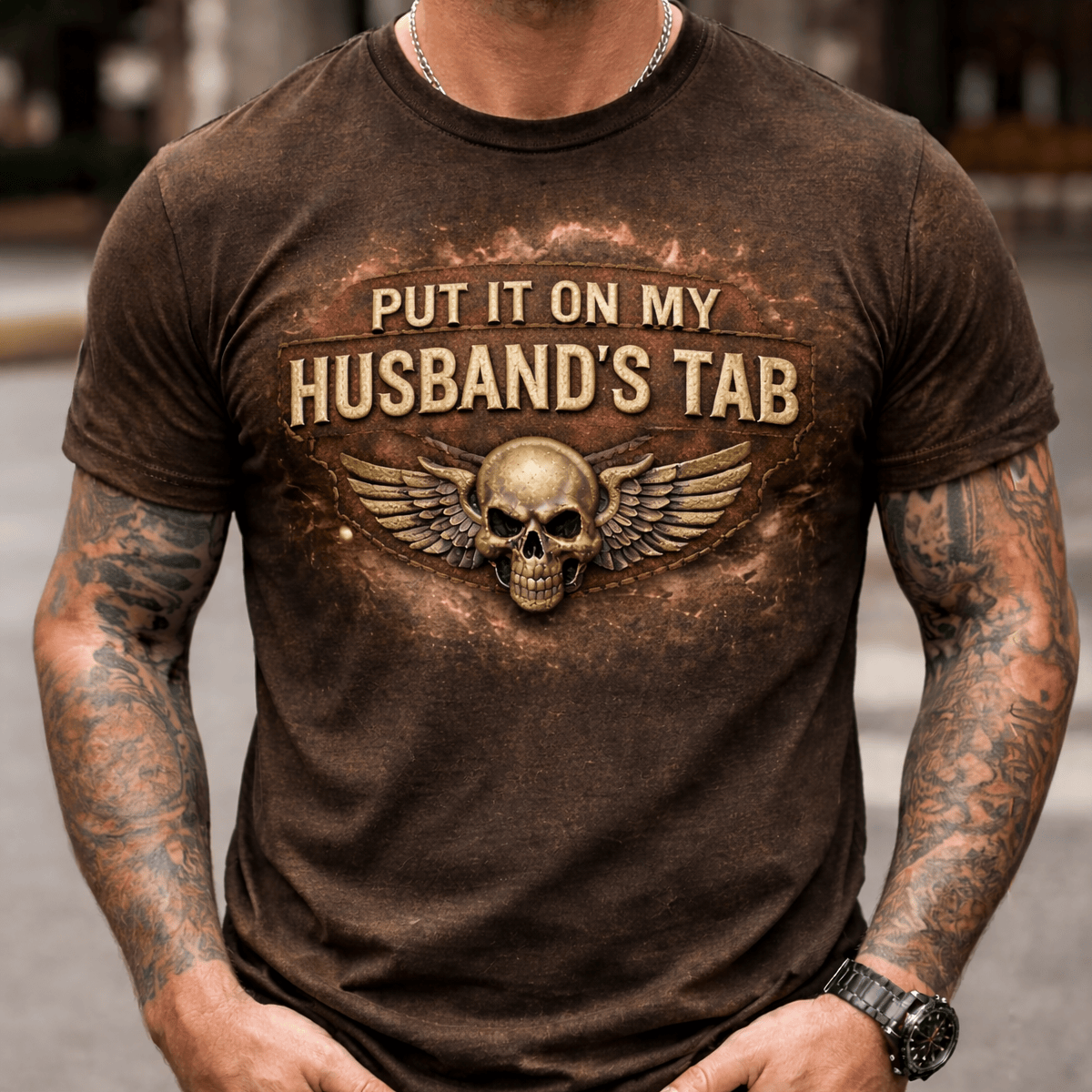 Put It On My Husband’s Tab Printed T Shirt, Funny Biker Wife Skull Graphic Tee, Vintage Distressed Printed Humor Gift For Her