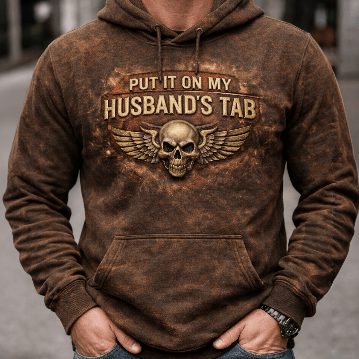 Put It On My Husband’s Tab Printed Hoodie, Funny Biker Wife Skull Graphic Shirt, Vintage Rustic Printed Humor Gift