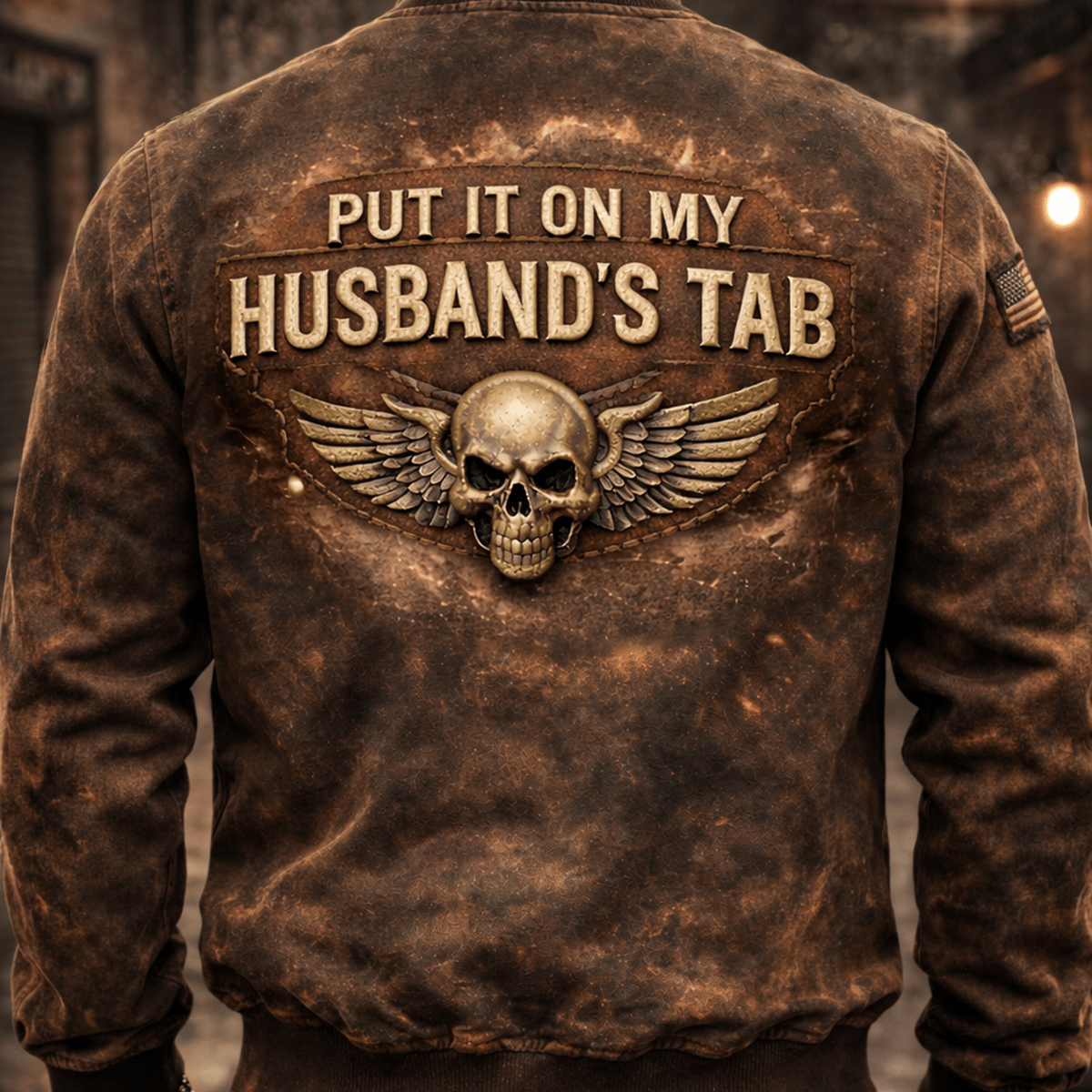 Put It On My Husband’s Tab Printed Jacket, Large Back Skull Wing Graphic Coat, Funny Biker Wife Vintage Distressed Printed Gift