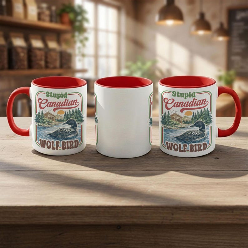 Personalized Stupid Canadian Wolf Bird Mug, Funny Loon Coffee Cup, Vintage Canada Wildlife Gift, Retro Nature Lover Ceramic Mug