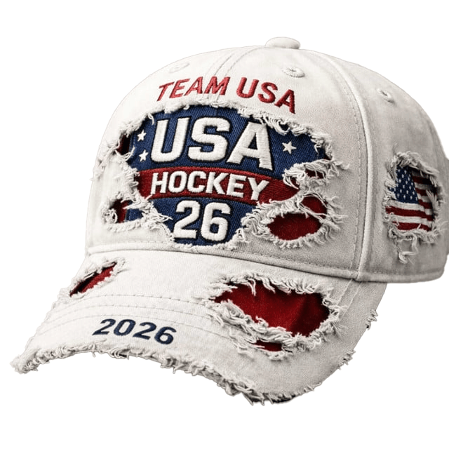 Team USA Hockey 2026 Distressed Printed Hat, USA Hockey 26 Vintage Ripped Cap, Patriotic American Flag Dad Hat, Sports Fan Gift