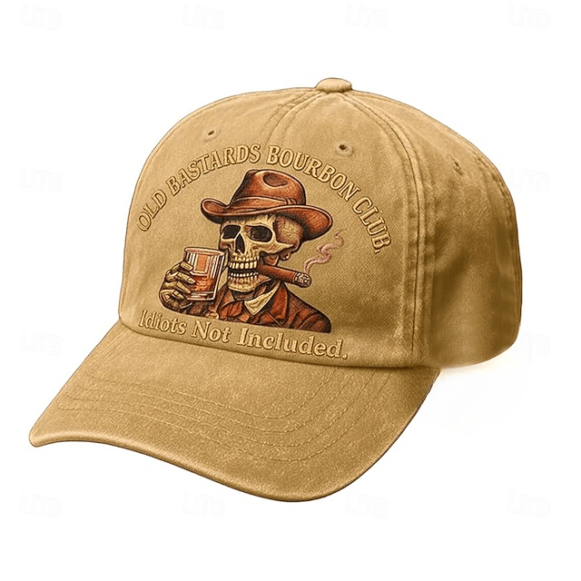 Old Bastards Bourbon Club Cap, Vintage Skull Cowboy Printed Hat, Funny Bar Party Gift for Him
