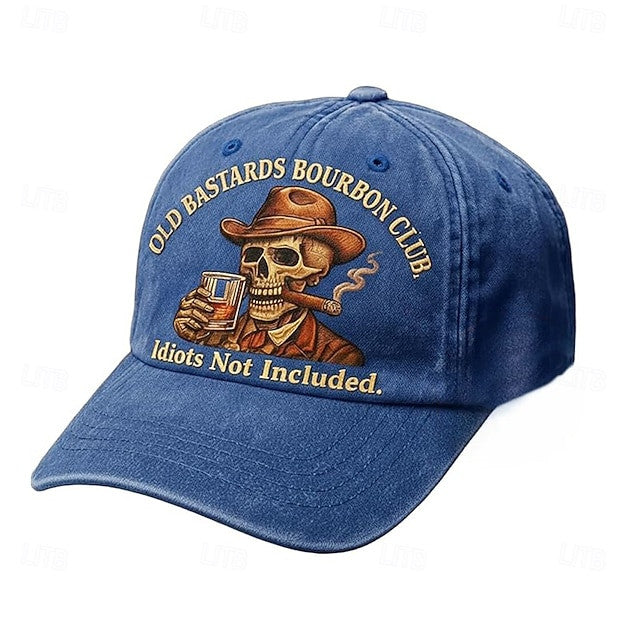 Bourbon Club Funny Printed Hat, Skull Cigar Cowboy Cap, Gag Gift for Whiskey Lovers
