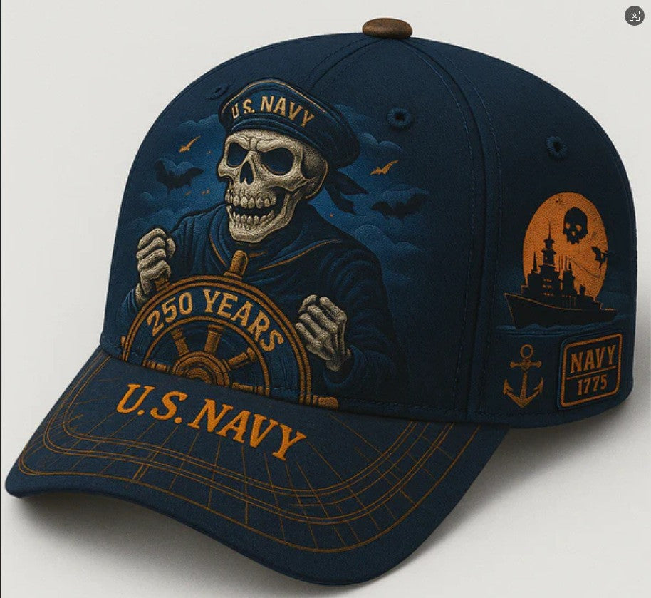 U.S. Navy 250 Years Anniversary Skull Hat 1775-2025, Navy Veteran Tribute Cap for Him