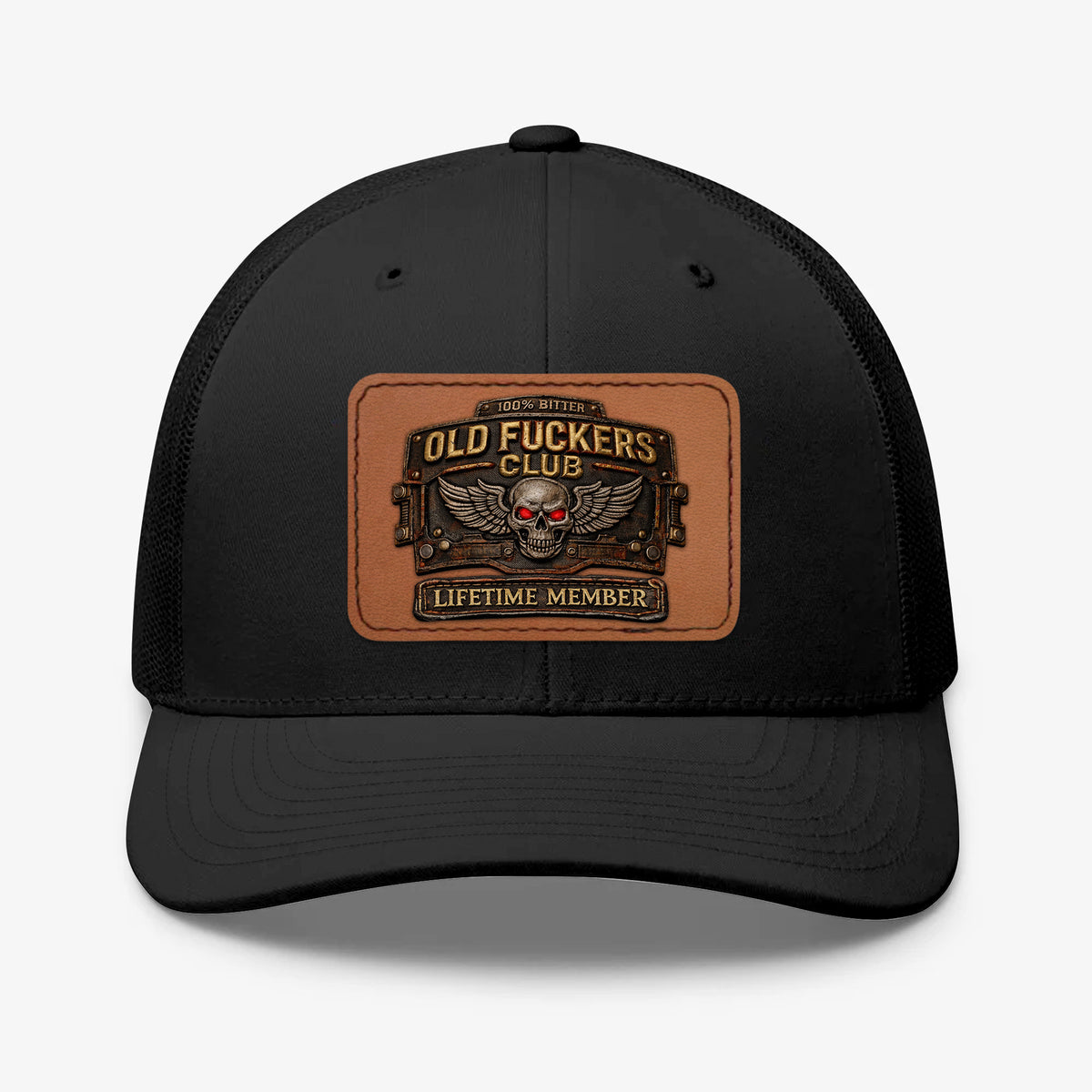 Old Fuckers Club Printed Trucker Hat, 100% Bitter Lifetime Member Skull Leather Patch Cap, Funny Retirement Gift For Men
