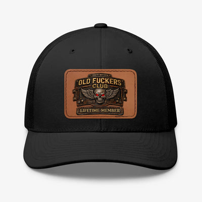 Old Fuckers Club Printed Trucker Hat, 100% Bitter Lifetime Member Skull Leather Patch Cap, Funny Retirement Gift For Men