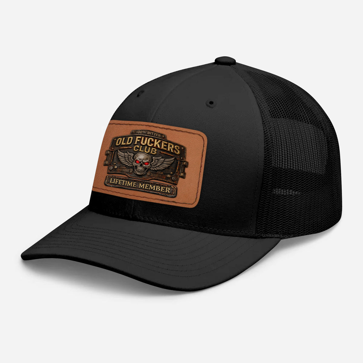 Old Fuckers Club Printed Trucker Hat, 100% Bitter Lifetime Member Skull Leather Patch Cap, Funny Retirement Gift For Men