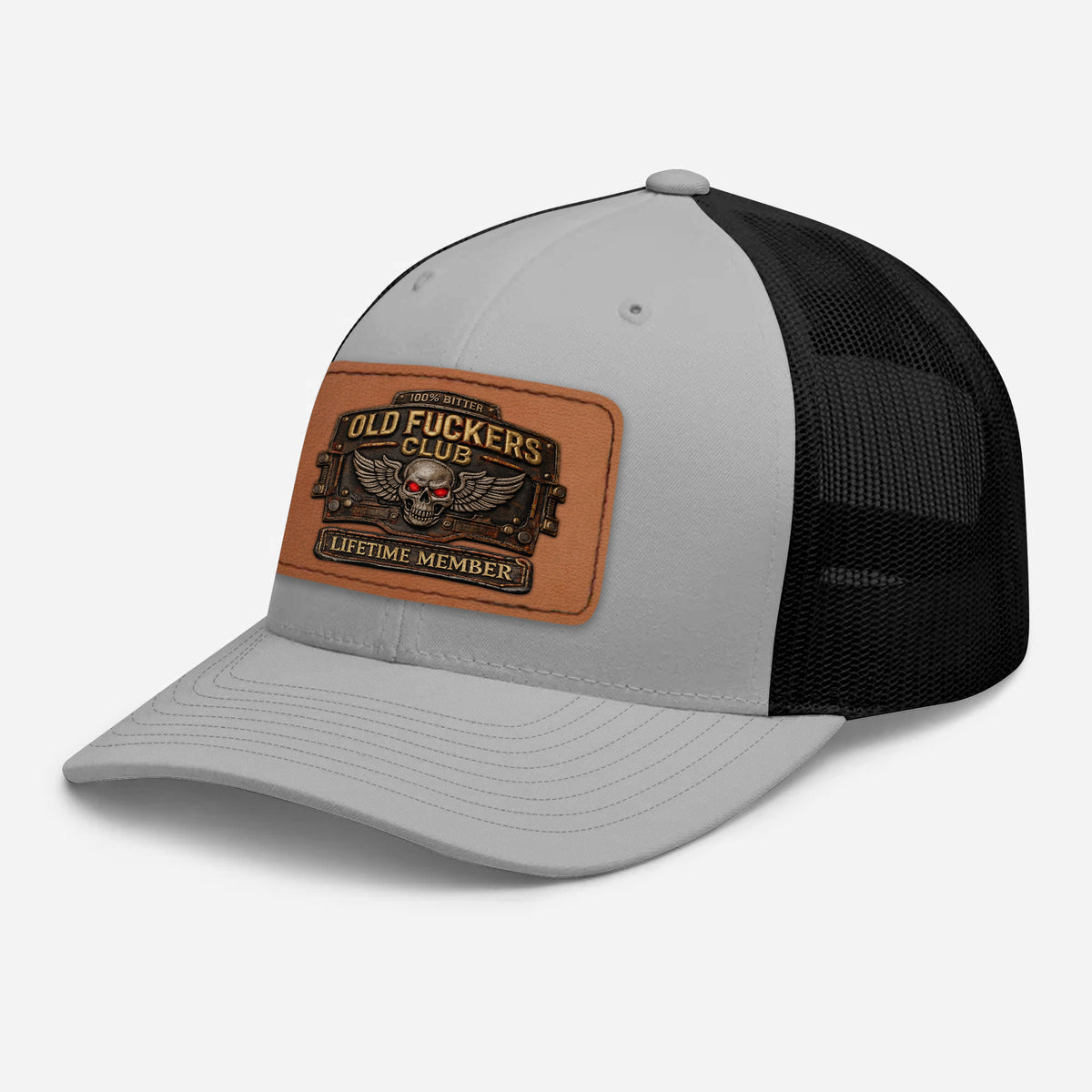 Old Fuckers Club Printed Trucker Hat, 100% Bitter Lifetime Member Skull Leather Patch Cap, Funny Retirement Gift For Men