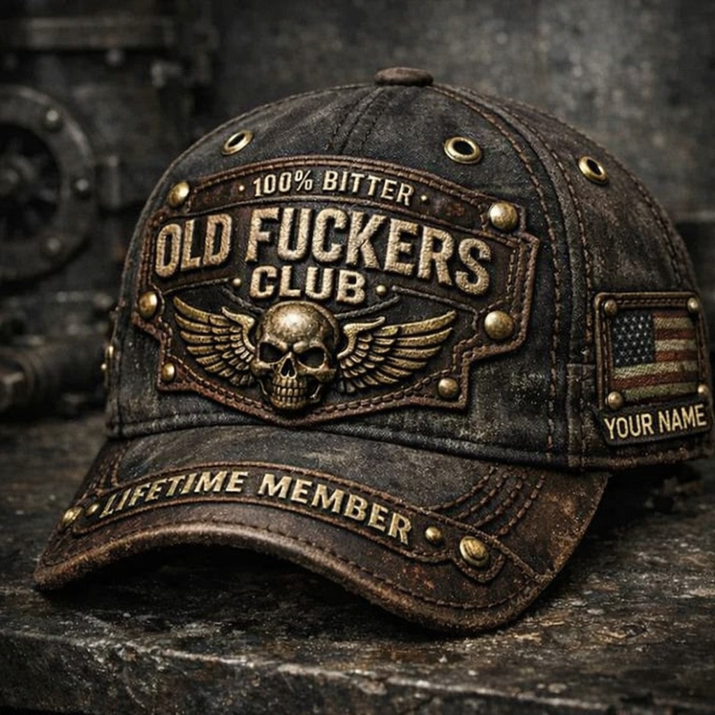Personalized Old Fuckers Club Printed Hat, Skull Biker Trucker Cap, Funny Old Man Gift, Retirement Present For Dad Grandpa