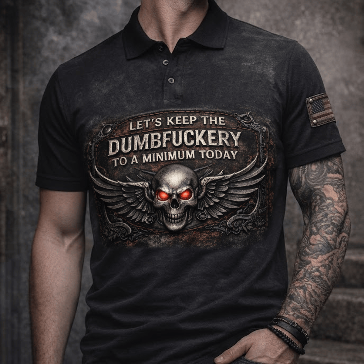 Let’s Keep The Dumbfuckery To A Minimum Today Printed Polo Shirt, Skull Graphic Tee, Funny Gothic Biker Shirt Gift for Men