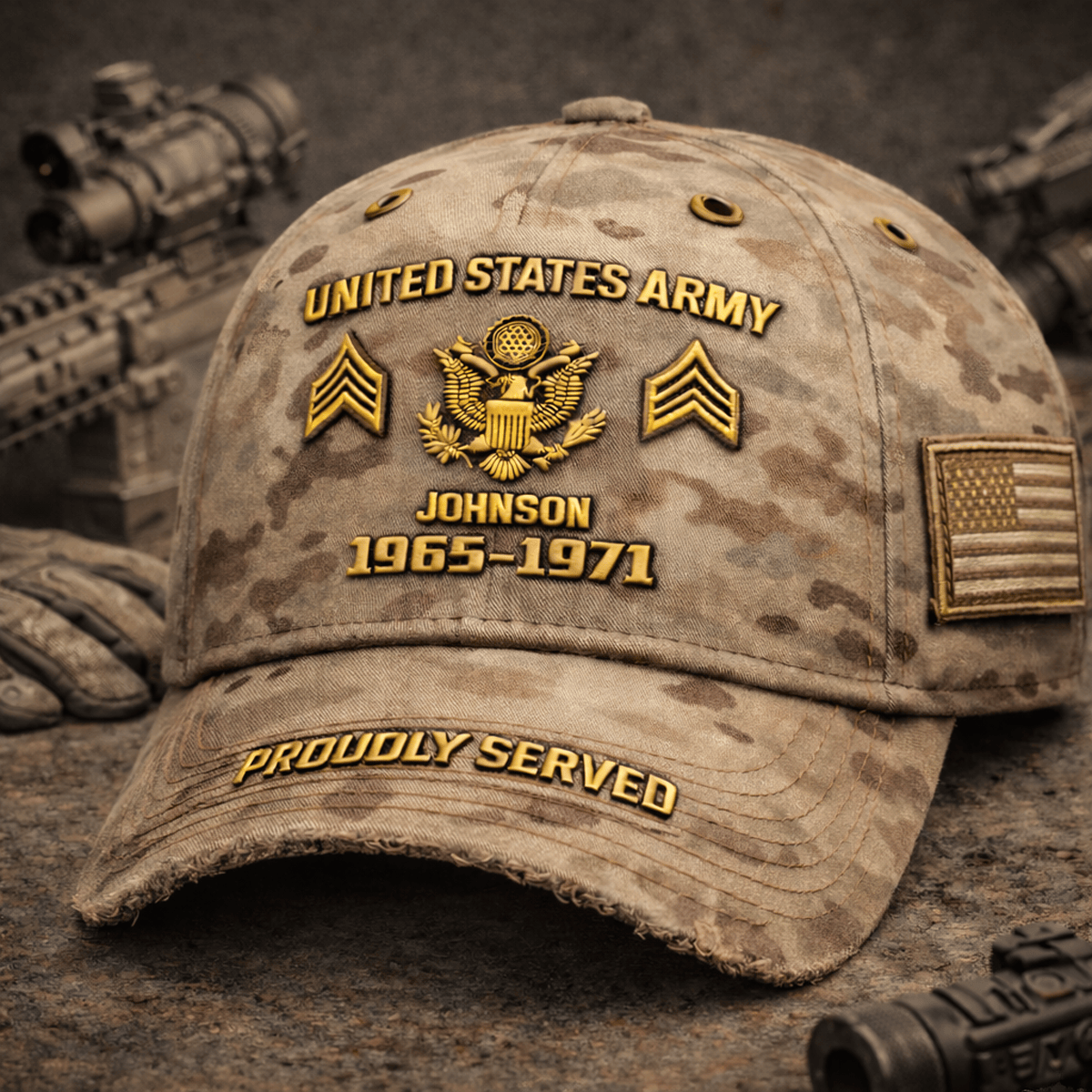United States Gold Print Veteran Printed Hat, Custom Name Military Cap Years Served 1965-1971, Retirement Gift for Him