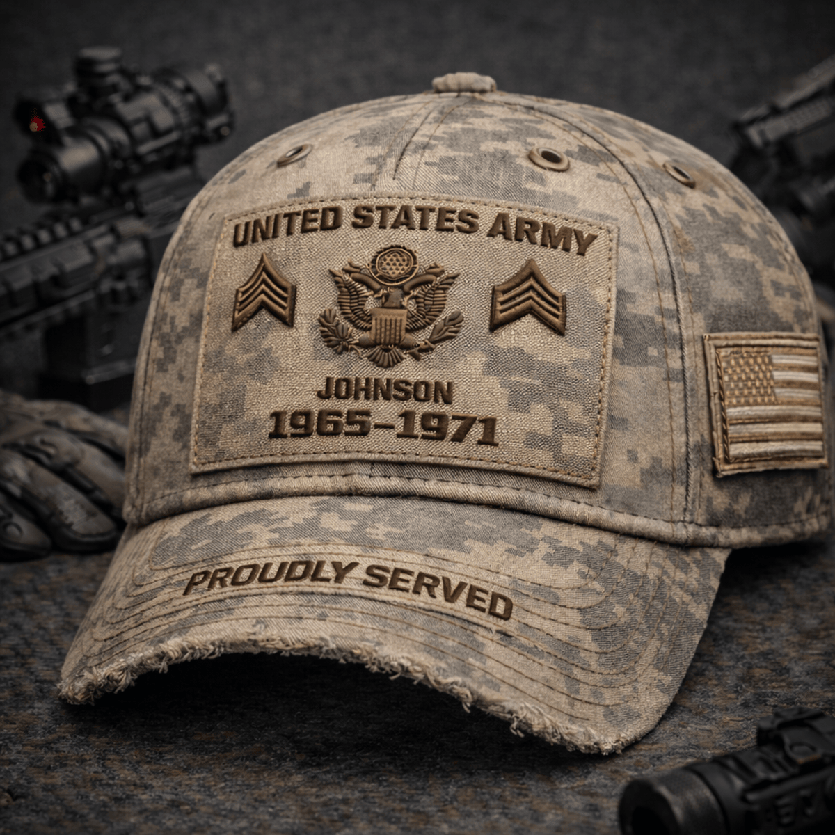 United States Camo Veteran Printed Hat, Custom Name Military Cap Years Served, Proudly Served Retirement Gift