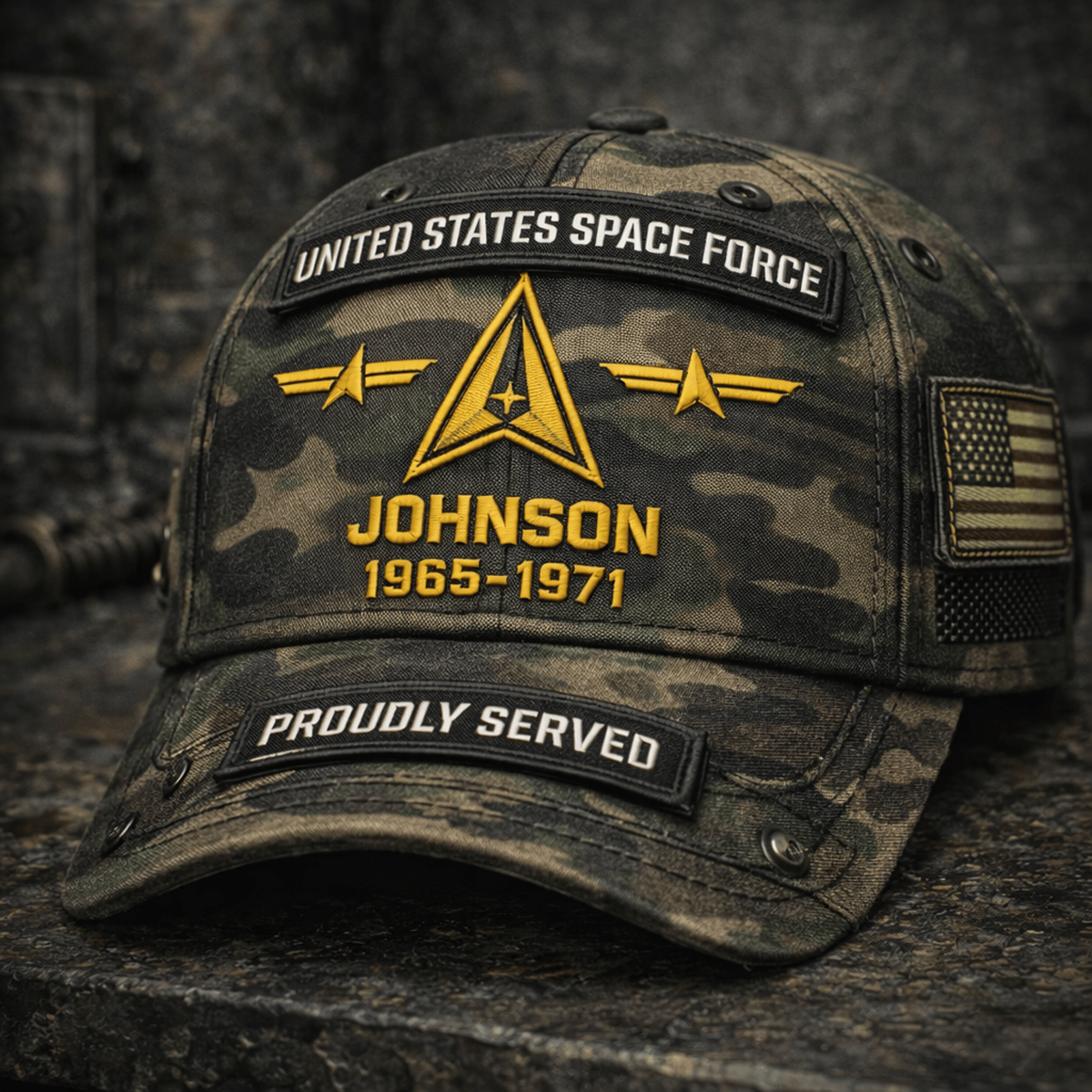 Camouflage Military Printed Hat, Personalized Veteran Cap, Custom Proudly Served Gift for Him, Patriotic Retirement Present