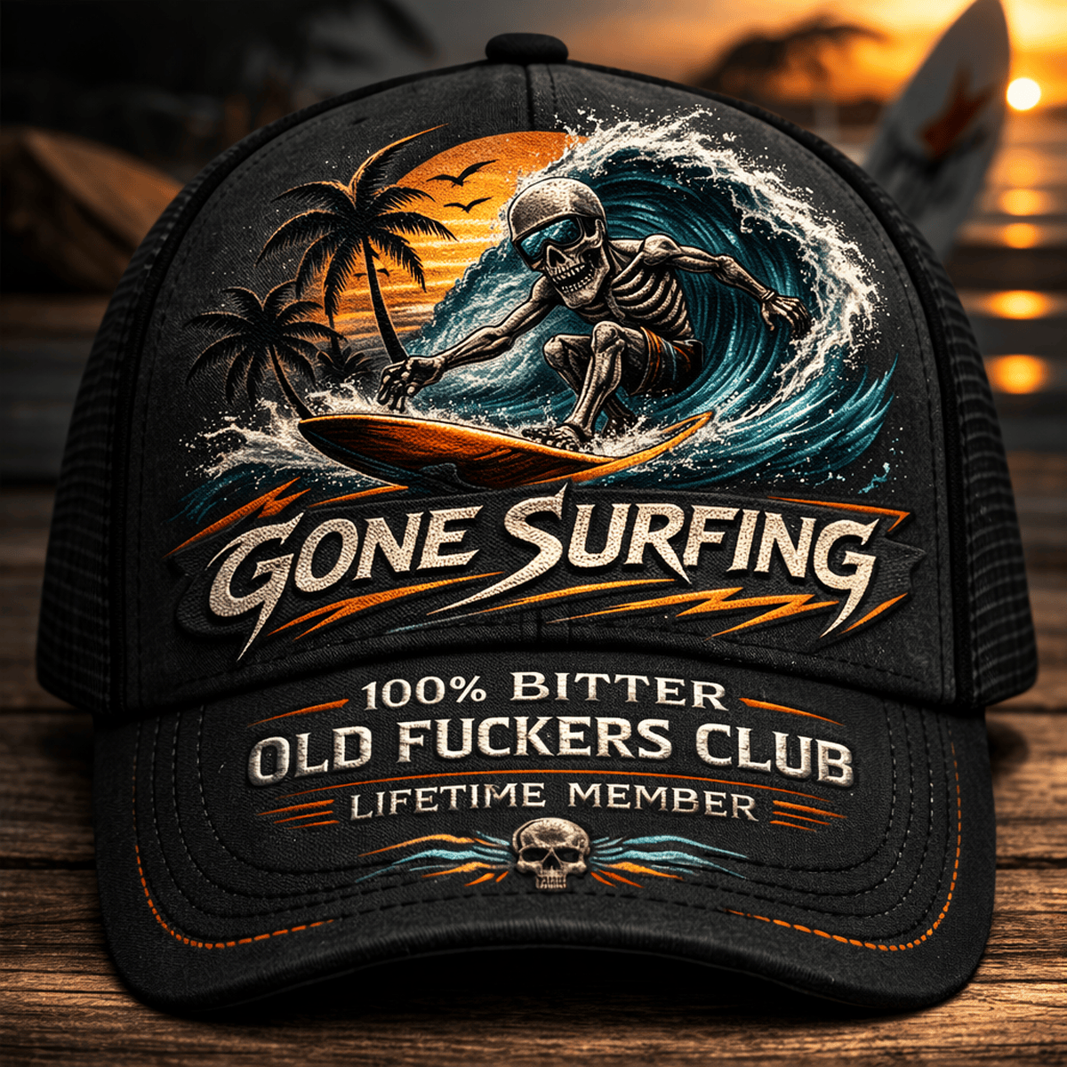 Gone Surfing Printed Hat, Skull Surfer Trucker Cap, Bitter Old Fckers Club Lifetime Member, Funny Old Man Birthday Gift for Dad