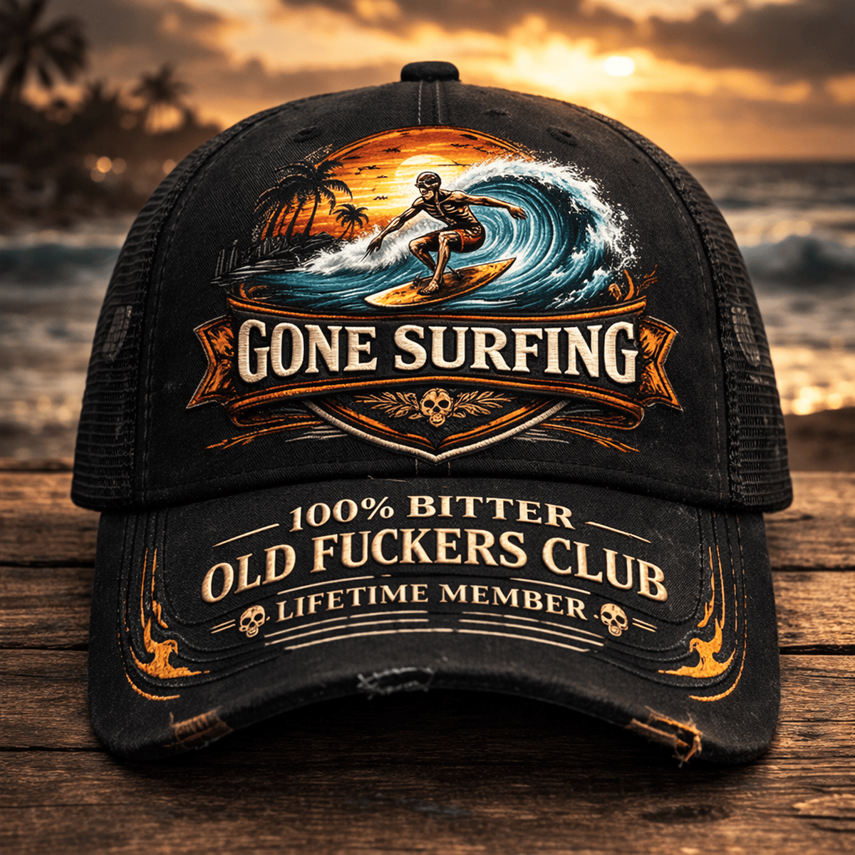 Gone Surfing Printed Hat, Skeleton Surfer Beach Cap, Old Fckers Club Lifetime Member, Funny Grandpa Retirement Gift