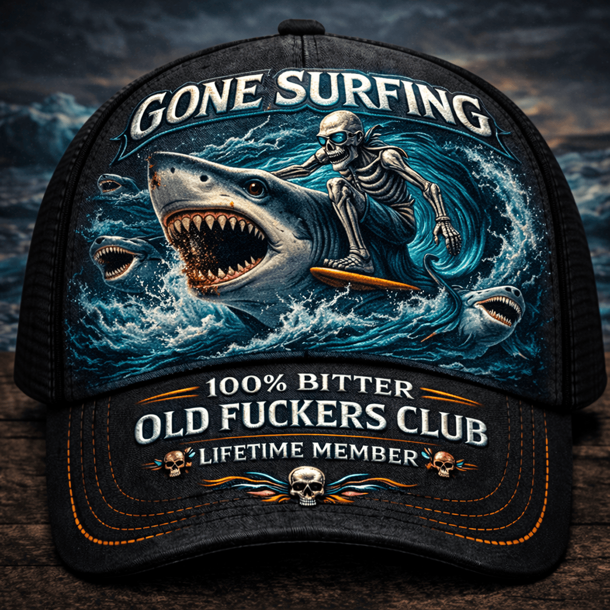 Gone Surfing Printed Hat, Shark Wave Skeleton Cap, Old Fckers Club Lifetime Member, Funny Grandpa Beach Lover Gift