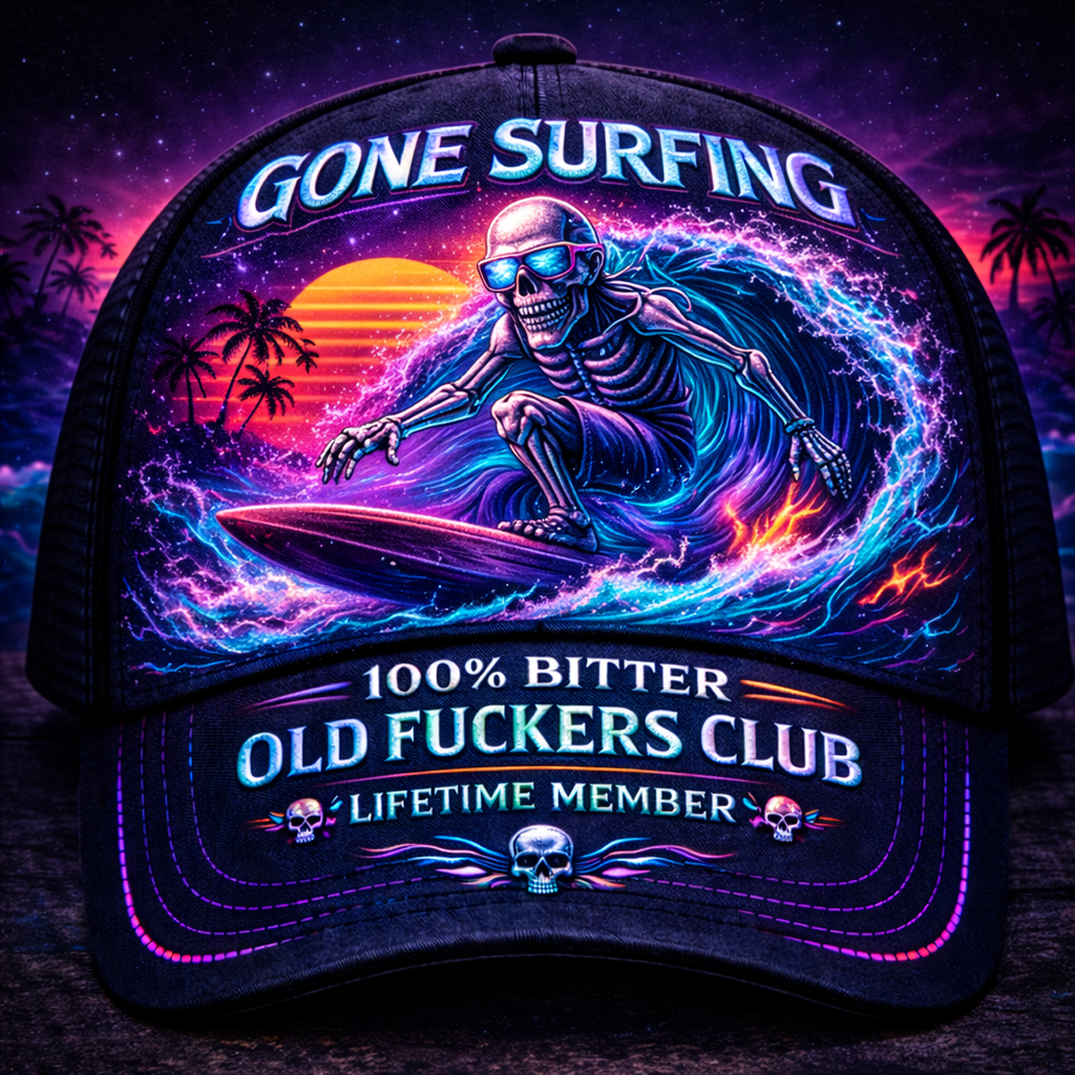 Gone Surfing Printed Hat, Neon Sunset Skull Surf Cap, Bitter Old Fckers Club, Funny Retirement Gift for Him