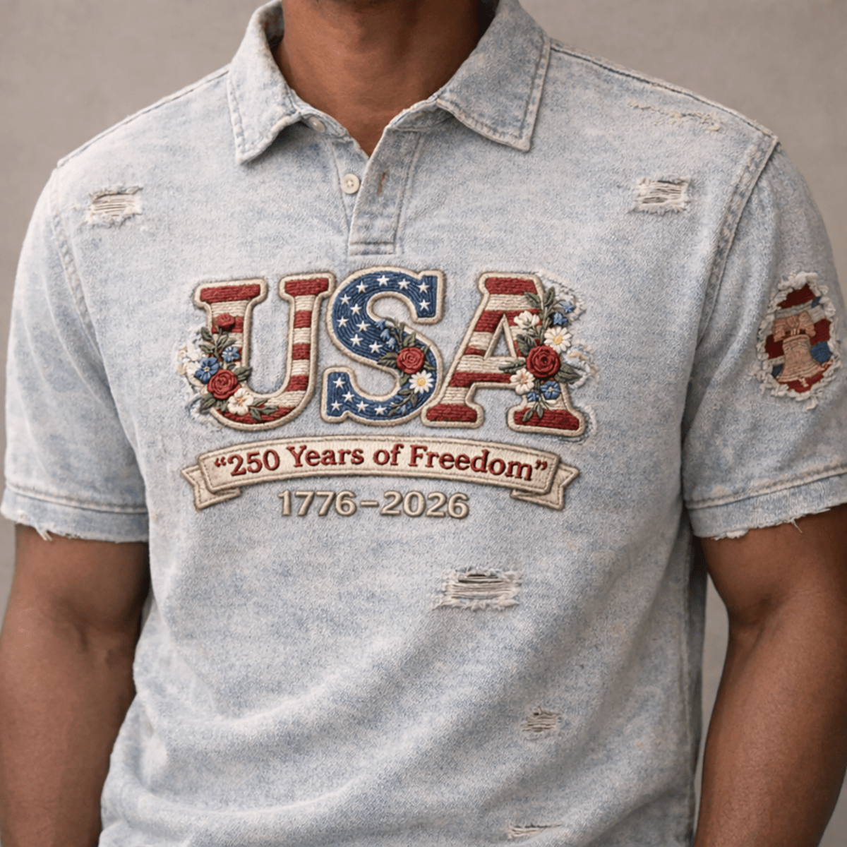 USA 250 Years of Freedom Printed Polo Shirt, Patriotic 1776-2026 America Anniversary Apparel, Fourth of July Patriotic Gift for Men