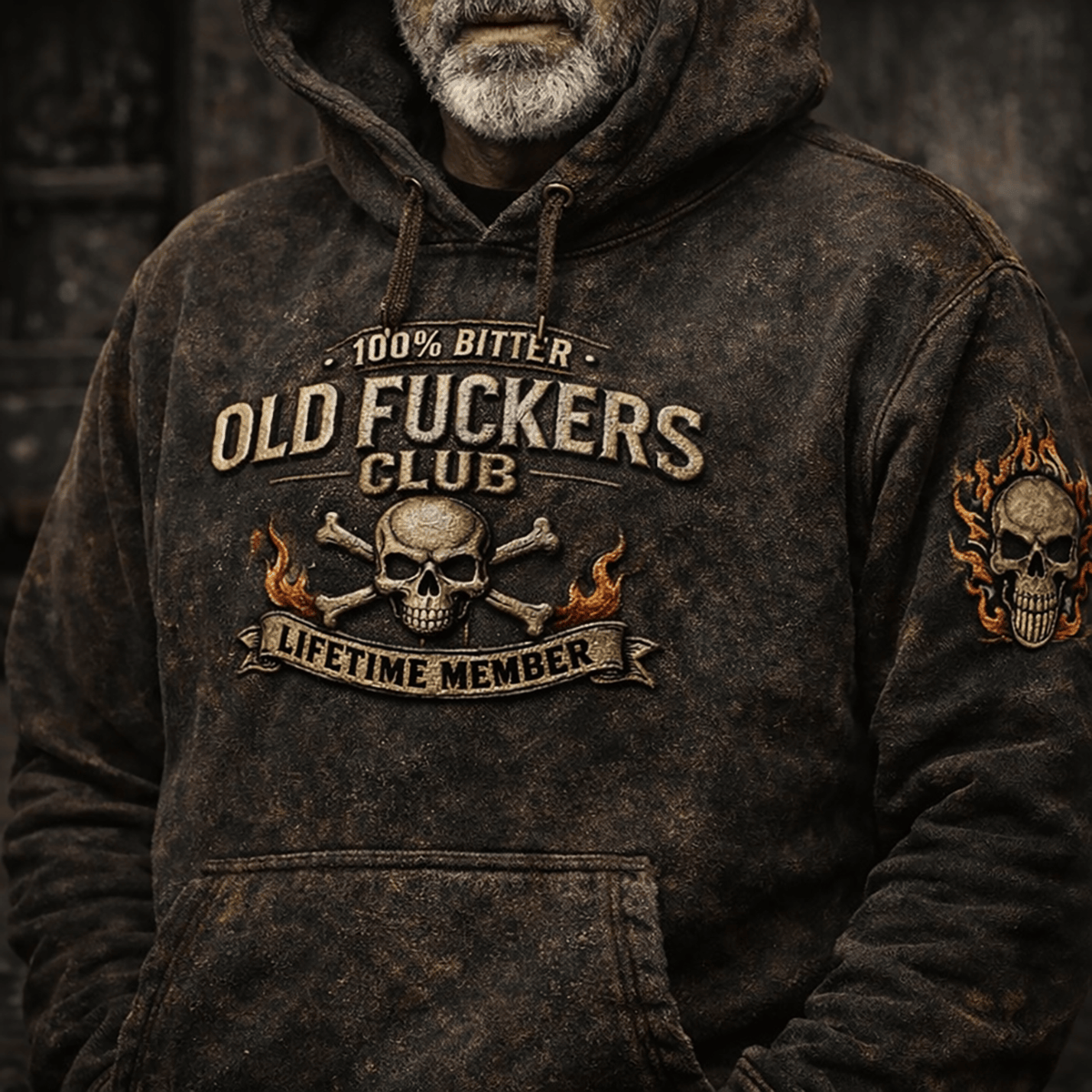 Old Fckers Club Printed Hoodie, Bitter Lifetime Member Skull Design, Funny Grandpa Gift, Biker Humor Apparel for Men