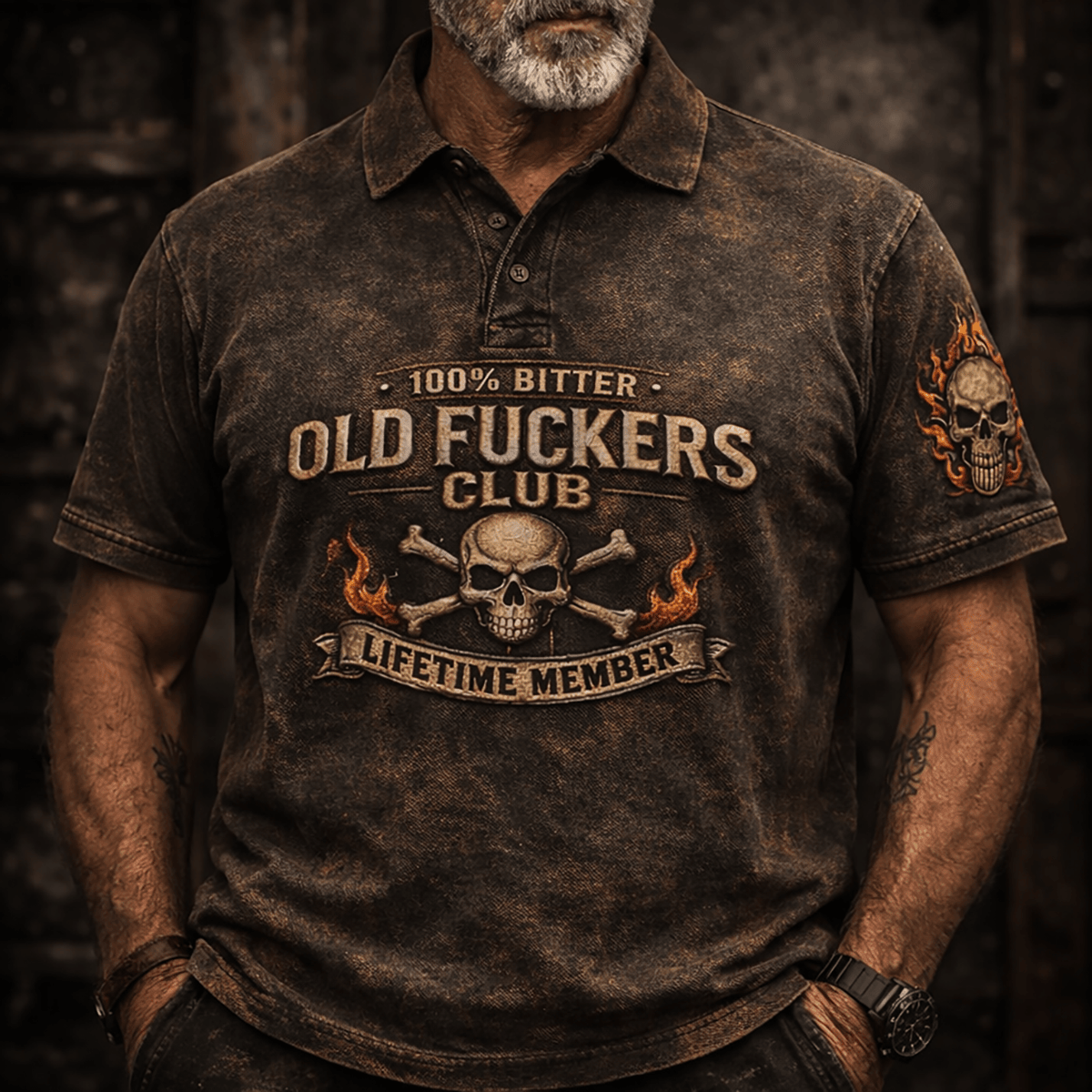 Bitter Old Fckers Club Printed Polo Shirt, Skull Lifetime Member Graphic, Funny Old Man Gift, Grandpa Humor Apparel