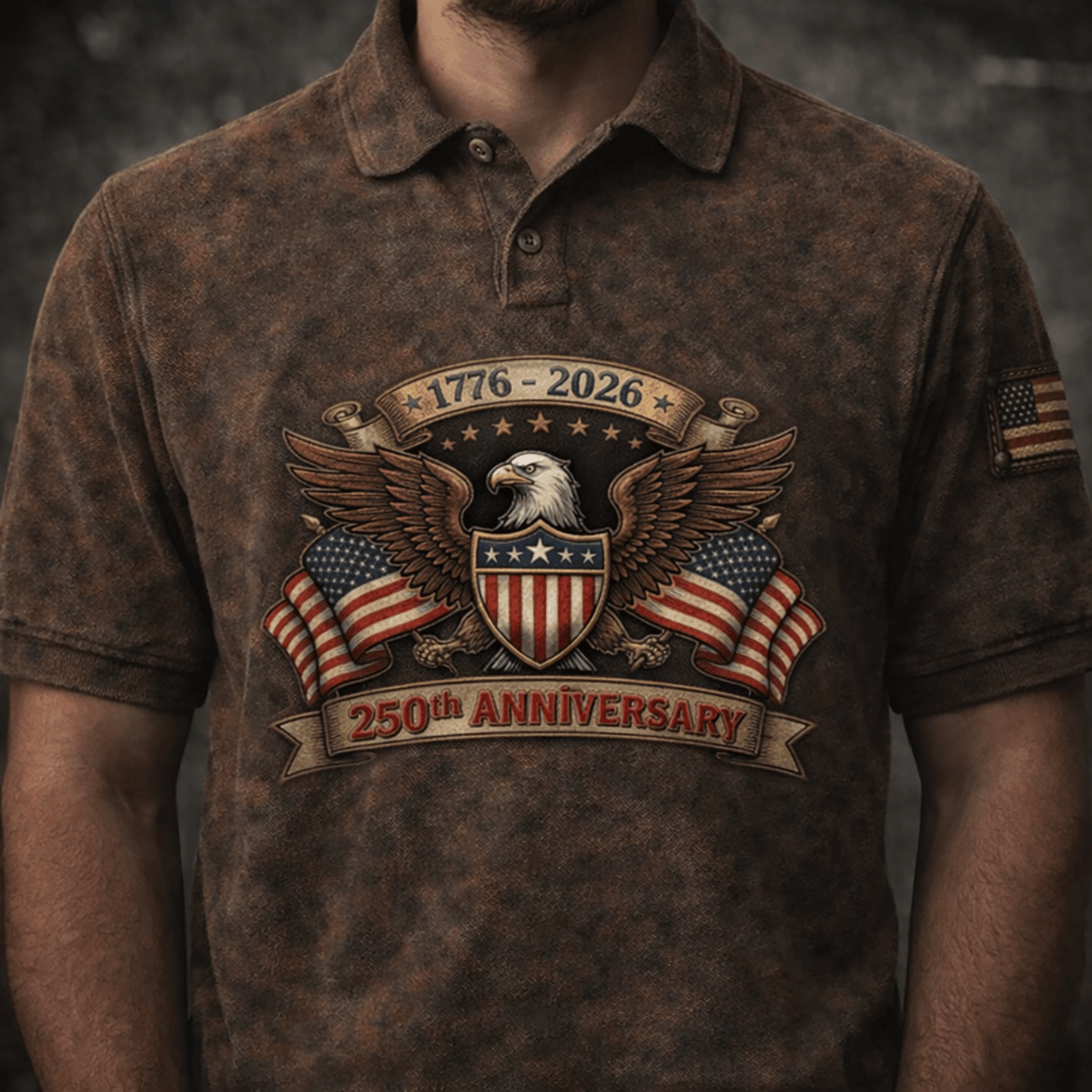 Patriotic USA 250 Years 1776-2026 Printed Polo Shirt, American Eagle Flag Anniversary Design, Independence Day Patriotic Apparel