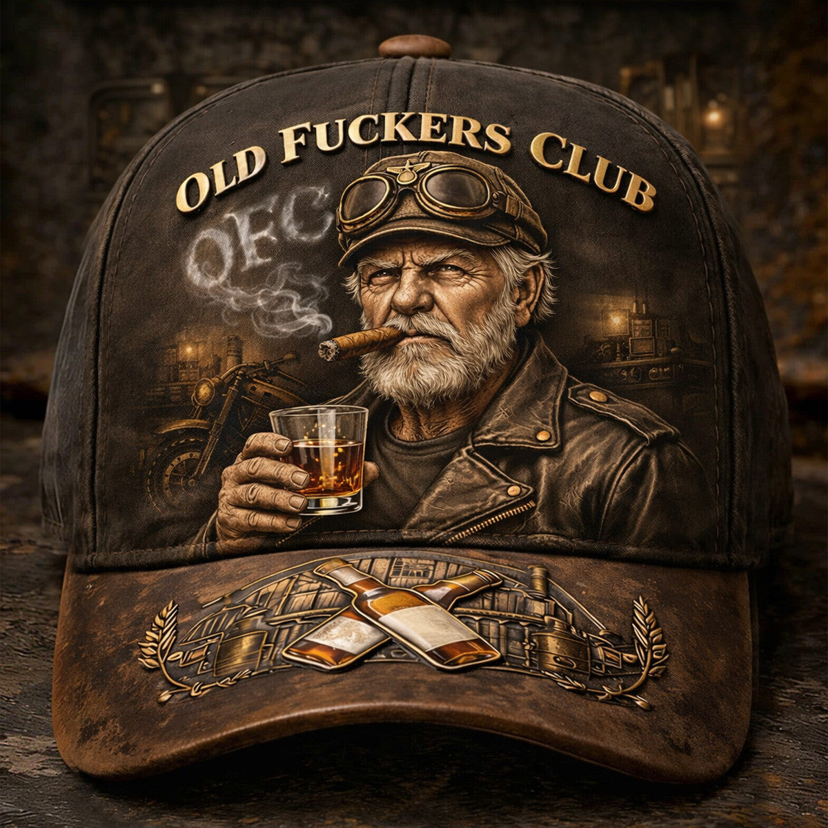 Old Fckers Club Printed Hat, Biker Grandpa Whiskey Cigar Cap, Funny Old Man Gift for Dad Grandpa, Vintage Biker Humor Hat