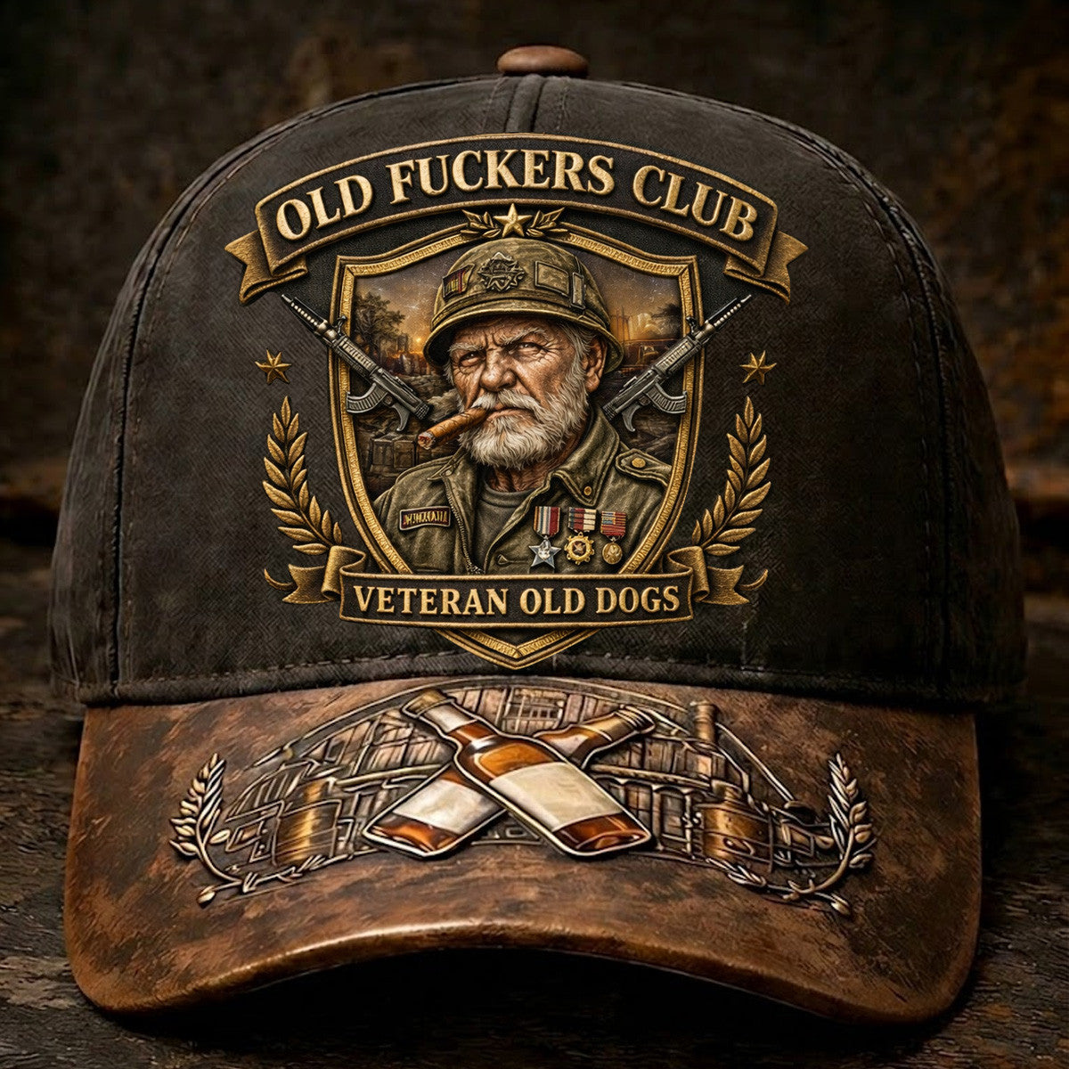 Old Fckers Club Veteran Old Dogs Printed Hat, Military Veteran Humor Cap, Funny Veteran Gift for Dad Grandpa