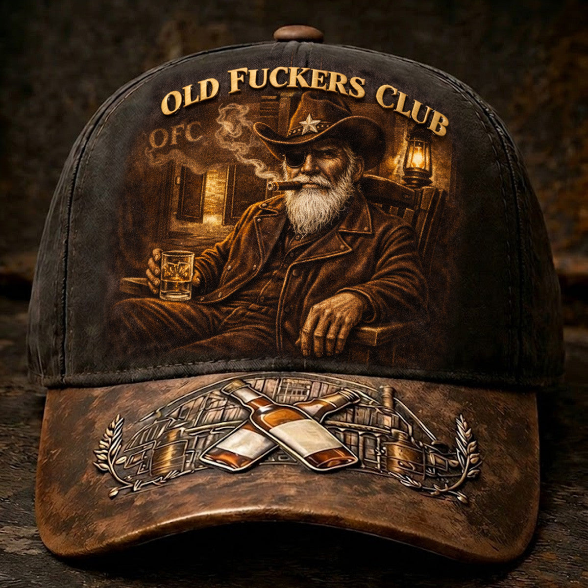 Old Fckers Club Cowboy Whiskey Printed Hat, Western Biker Grandpa Cap, Vintage Old Man Humor Gift Hat