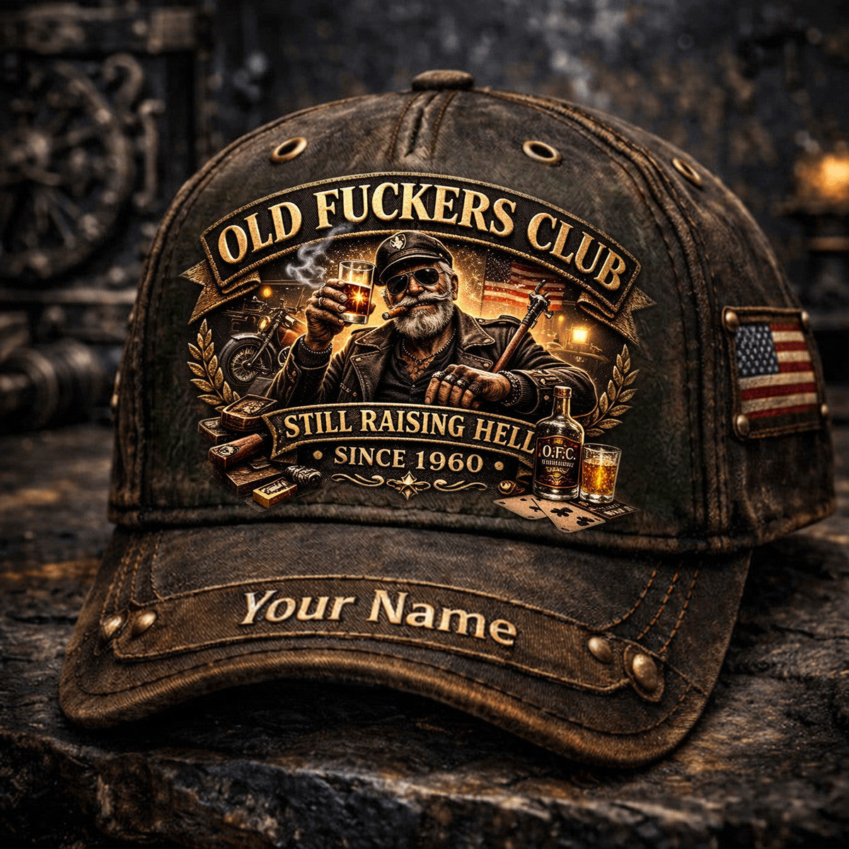 Old Fckers Club Still Raising Hell Since 1960 Printed Hat, Custom Name Biker Cap, Funny Old Man Whiskey Cigar Hat, Vintage Biker Gift for Dad