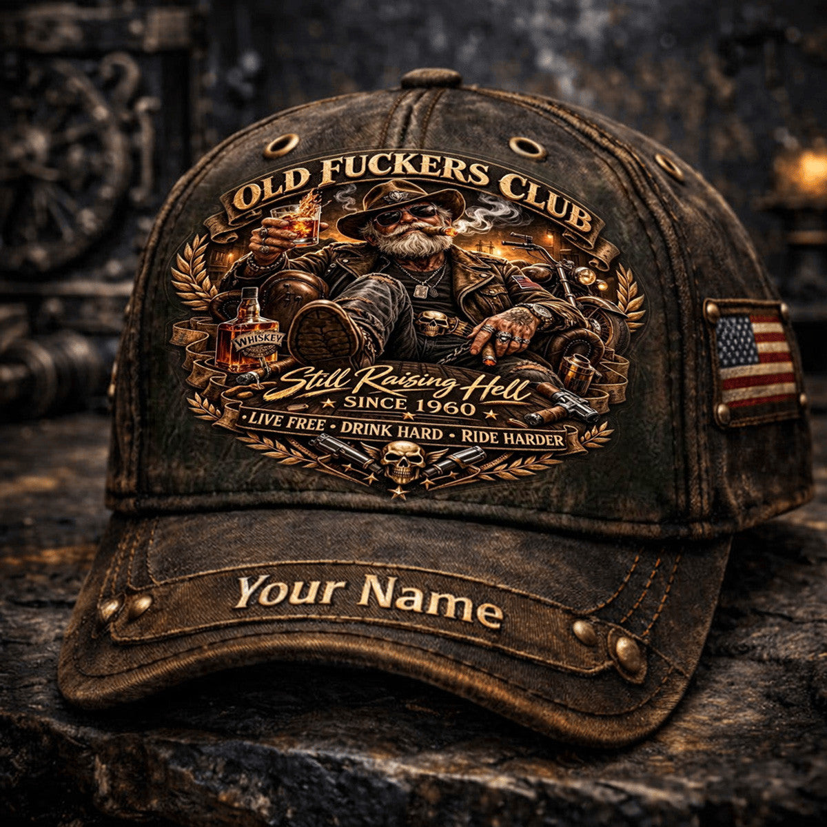 Old Fckers Club Still Raising Hell Printed Hat, Custom Name Biker Whiskey Cap, Live Free Drink Hard Ride Harder Funny Grandpa Hat Gift