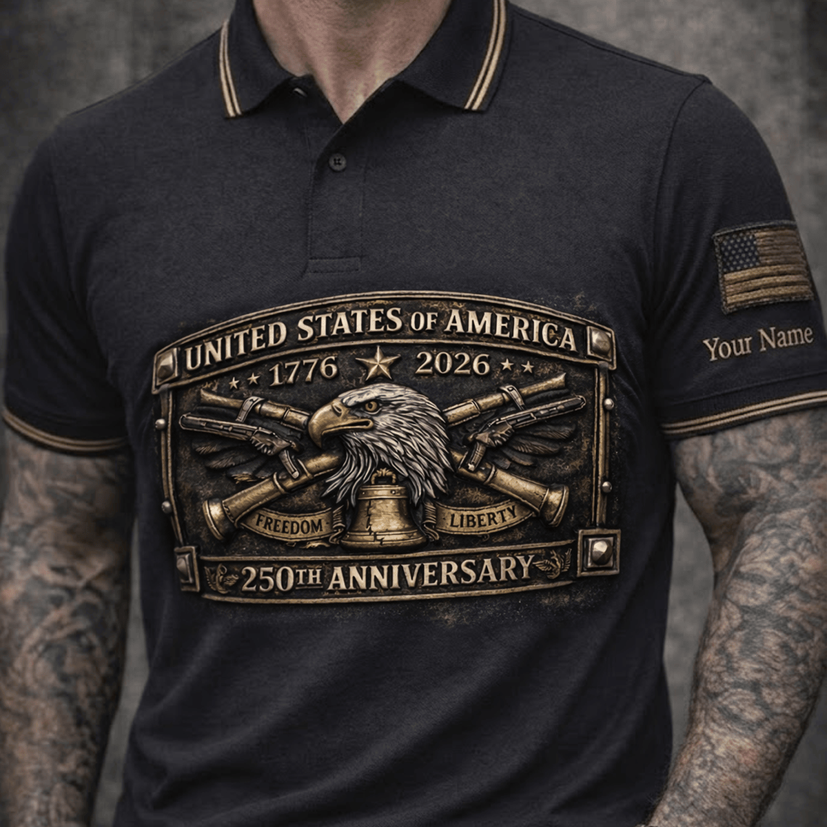 USA 250th Anniversary 1776-2026 Printed Polo Shirt, Custom Name Patriotic Eagle Freedom Liberty Design, American Veteran Gift