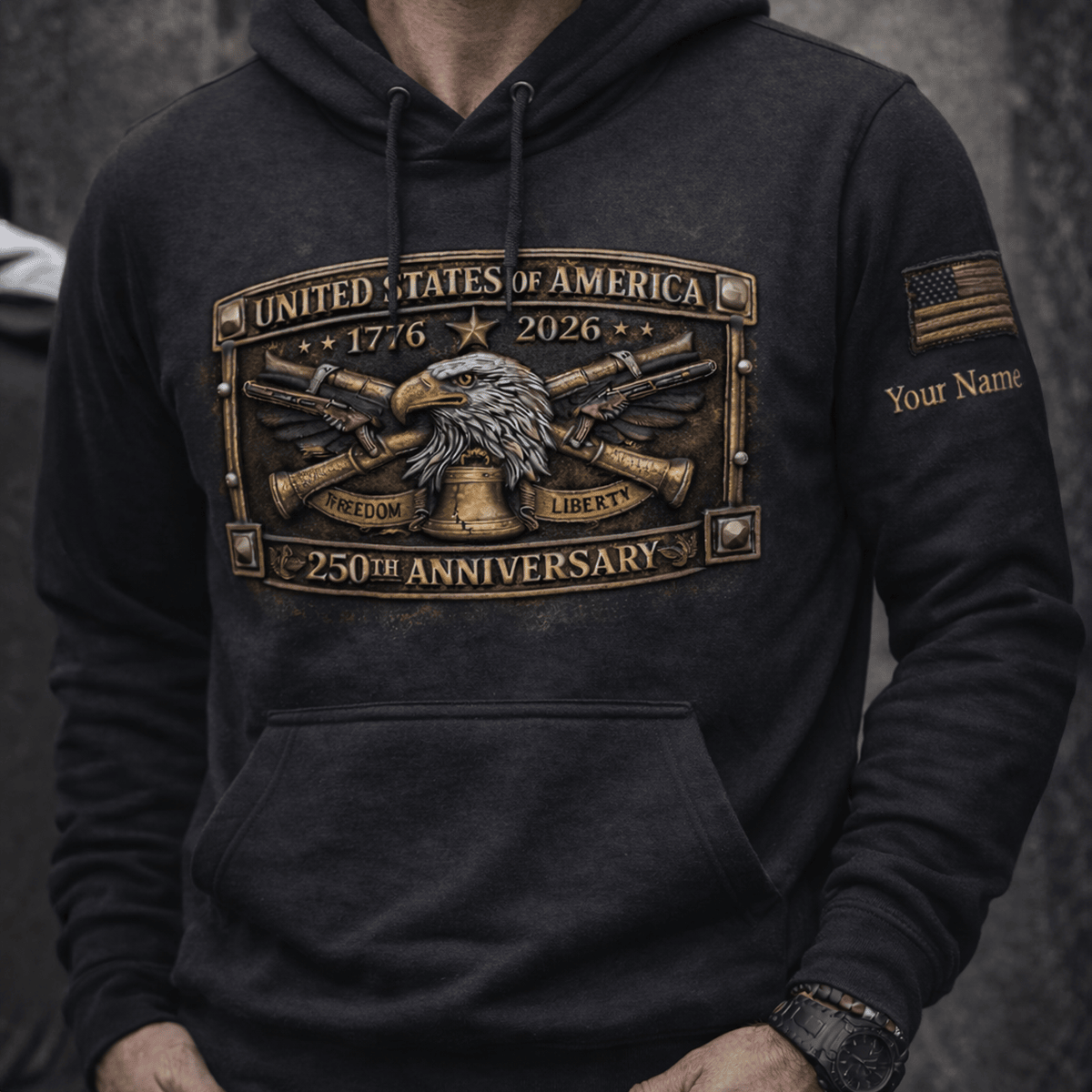 United States of America 250th Anniversary Printed Hoodie, Custom Name Patriotic Eagle Freedom Liberty Design, 1776-2026 USA Gift