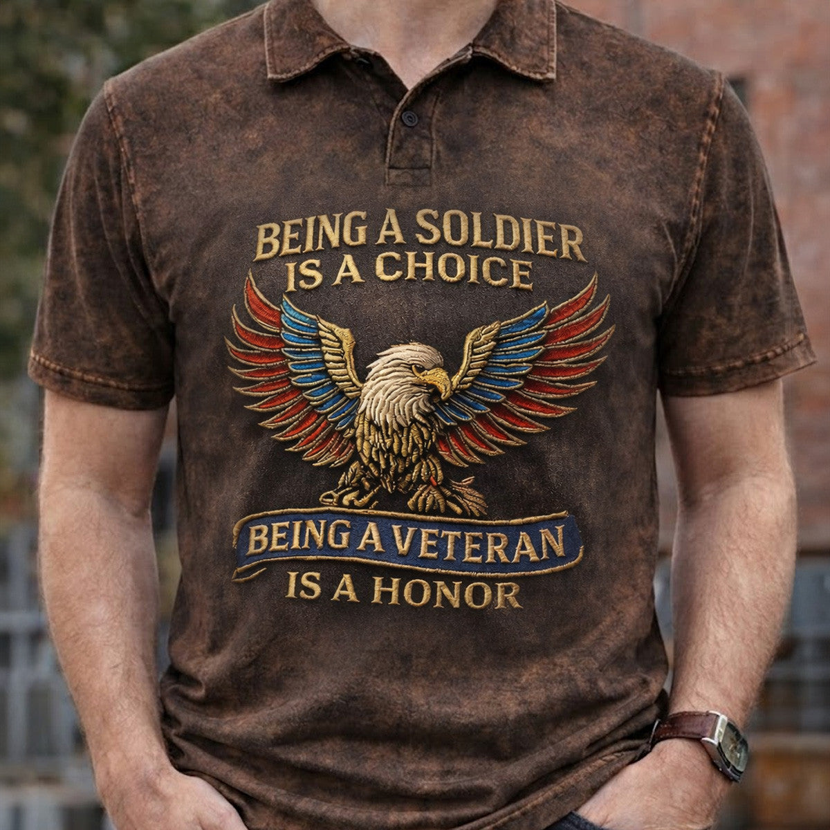 Being A Soldier Is A Choice Being A Veteran Is A Honor Printed Polo Shirt, Patriotic Eagle USA Veteran Pride Gift For Military