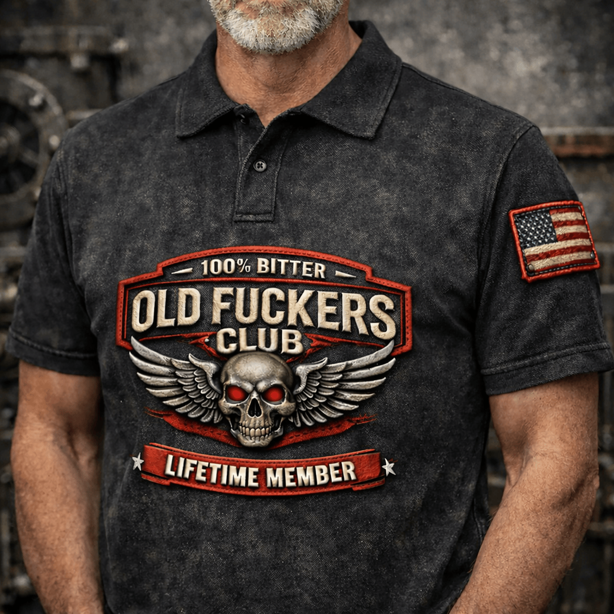 Old Fckers Club Printed Polo Shirt Skull Wings Biker Style Vintage Motorcycle Polo Patriotic USA Flag Shirt Funny Gift For Him
