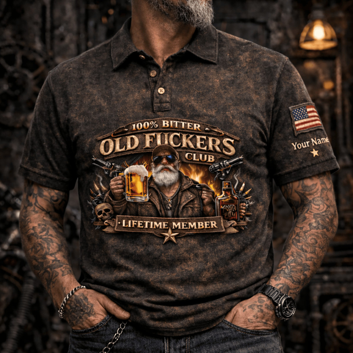 Custom Name Old Fckers Club Printed Polo Shirt Funny Biker Grandpa Polo Personalized Gift For Him Vintage Dad Gift