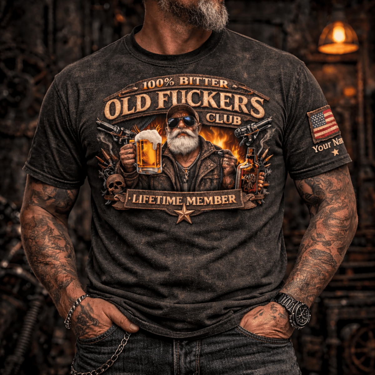 Custom Name Old Fckers Club Printed T Shirt Funny Biker Graphic Tee Personalized Grandpa Gift Vintage Dad Shirt