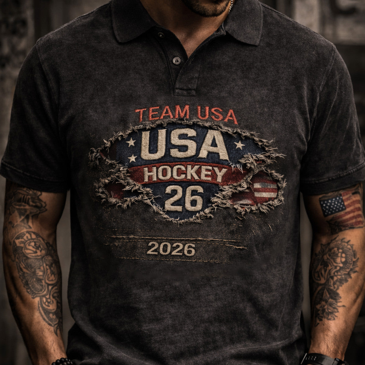 Team USA Hockey 26 Printed Polo Shirt Patriotic USA Hockey Shirt Vintage American Flag Polo Hockey Fan Gift For Him