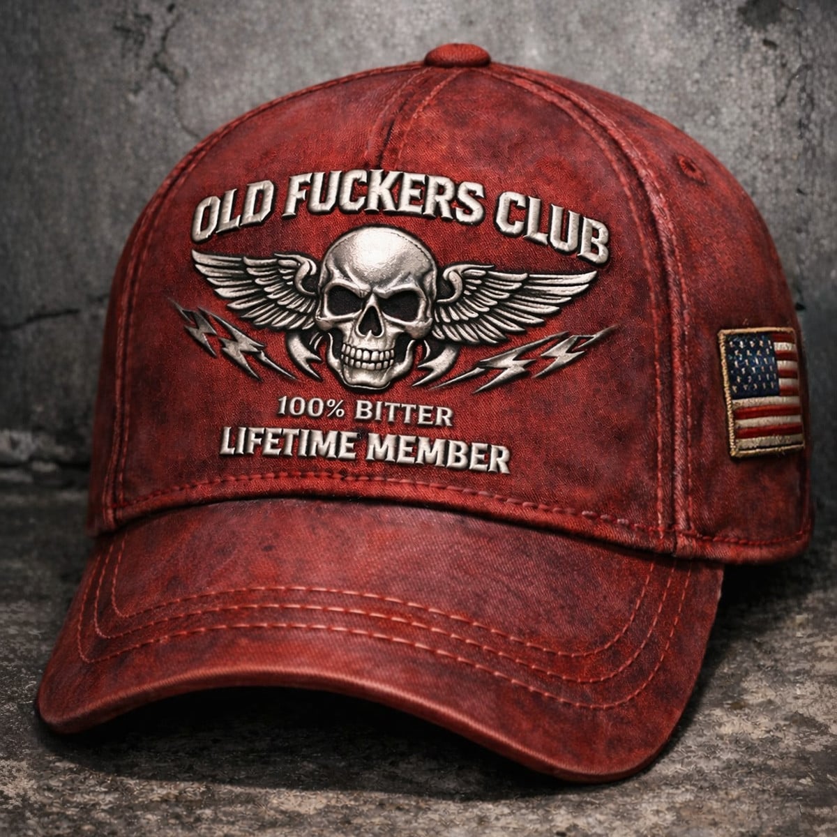 Old Fuckers Club Printed Hat, Skull Wings Biker Cap, Funny Grandpa Humor Hat, Bitter Lifetime Member Gift