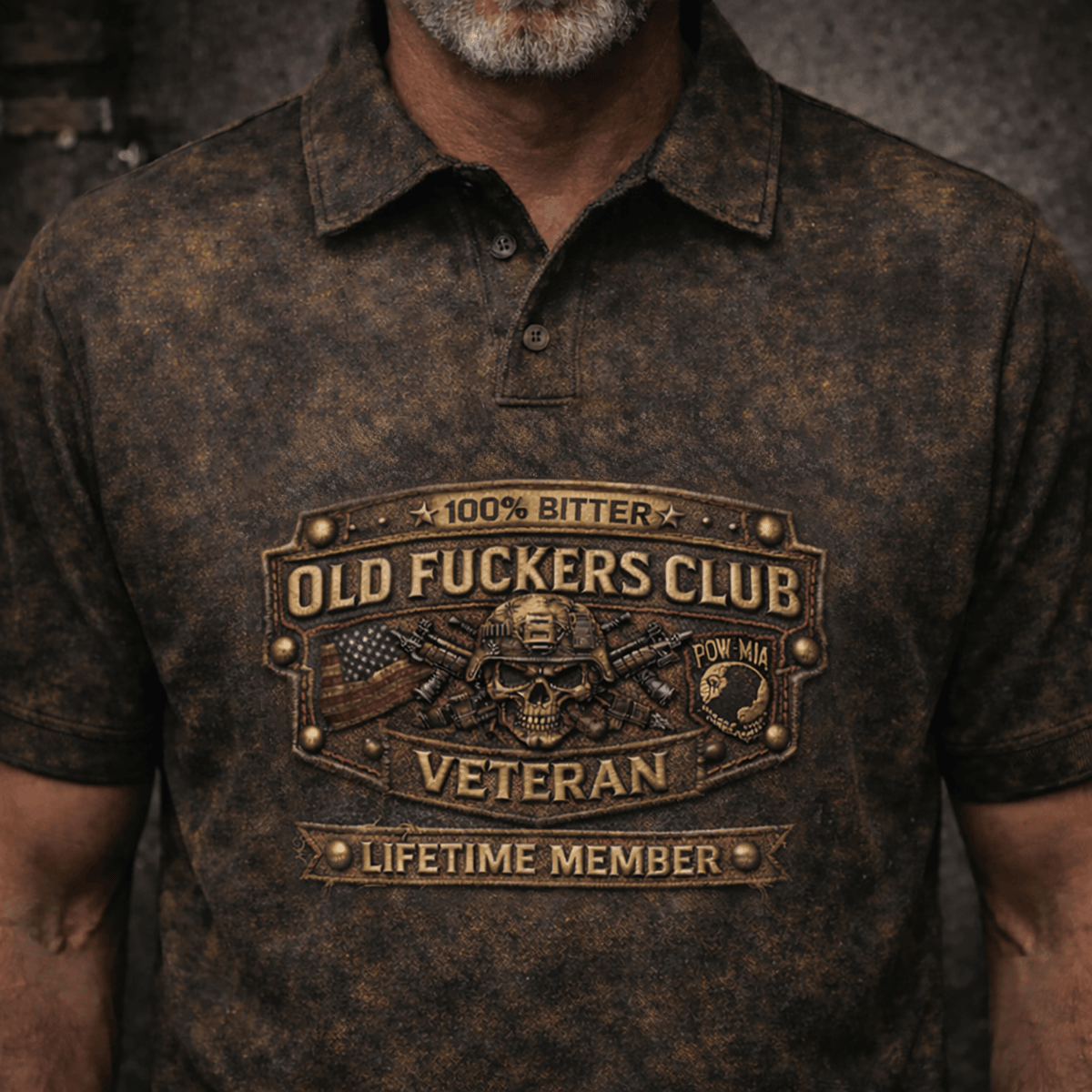 Old Fuckers Club Veteran Printed Polo Shirt, Bitter Veteran Polo, Military Skull Veteran Gift Shirt, Patriotic Veteran Printed Polo Shirt