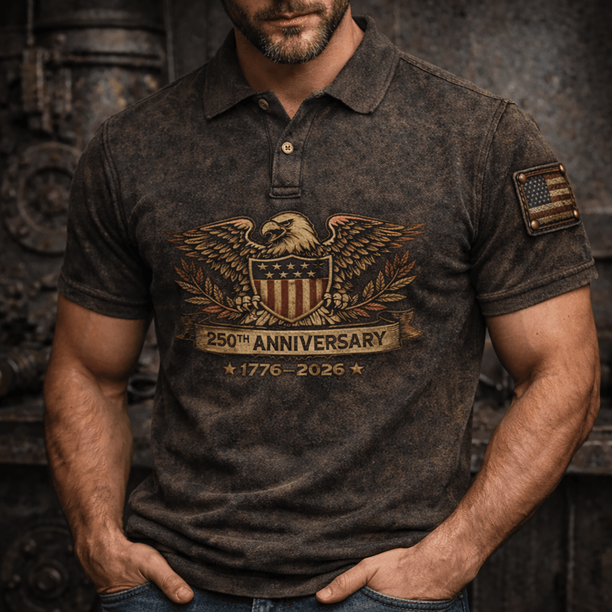 United States 250th Anniversary 1776-2026 Printed Polo Shirt, American Eagle Patriotic Polo, USA Independence Anniversary Printed Polo Shirt