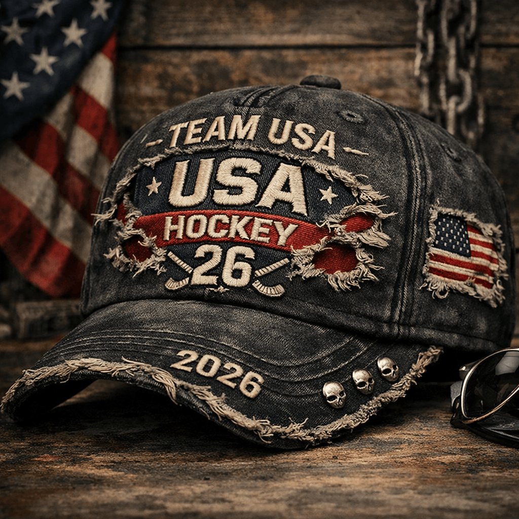 Team USA Hockey 26 Printed Hat, USA Hockey 2026 Cap, Patriotic USA Hockey Fan Gift, Distressed American Flag Printed Cap, Team USA Sports Fan Hat
