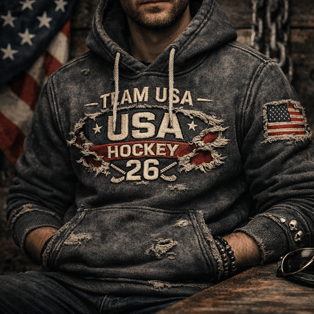 Team USA Hockey 26 Printed Hoodie, USA Hockey 2026 Hoodie, Patriotic USA Hockey Fan Gift, Distressed American Flag Printed Hoodie, Team USA Sports Hoodie