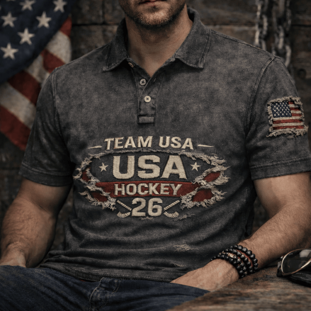 Team USA Hockey 26 Printed Polo Shirt, USA Hockey 2026 Polo, Patriotic USA Hockey Fan Gift Shirt, Distressed American Flag Printed Polo Shirt