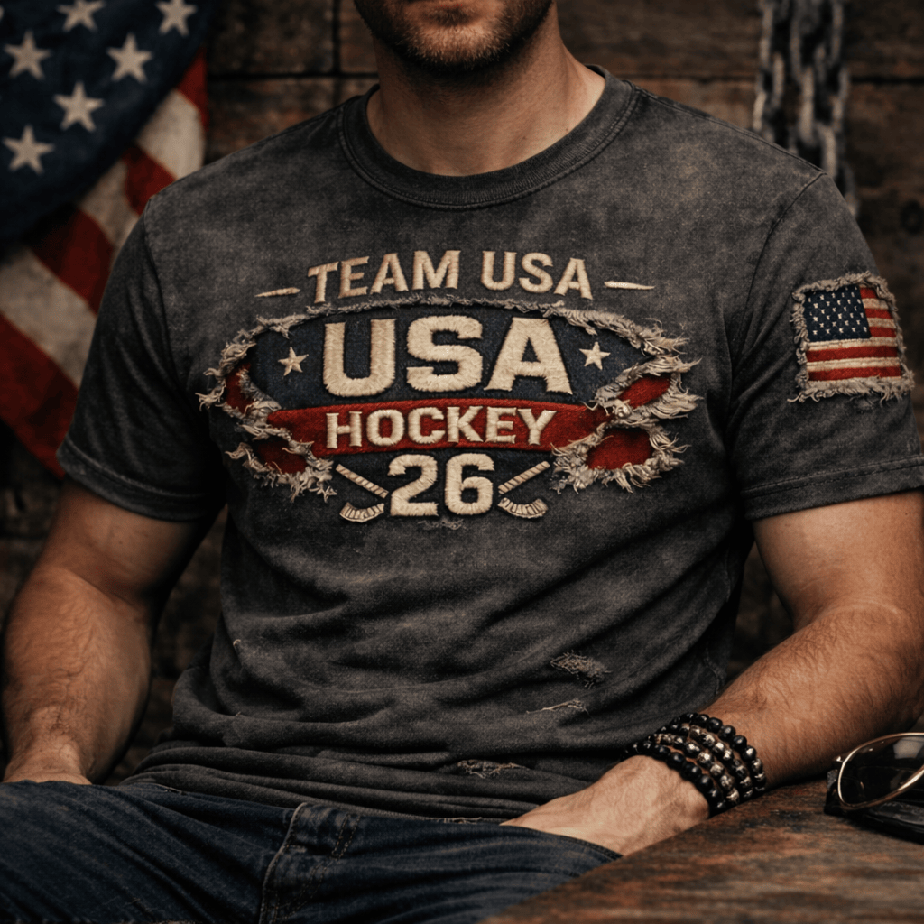 Team USA Hockey 26 Printed T Shirt, USA Hockey 2026 Shirt, Patriotic USA Hockey Fan Gift Tee, Distressed American Flag Printed T Shirt, Team USA Tee