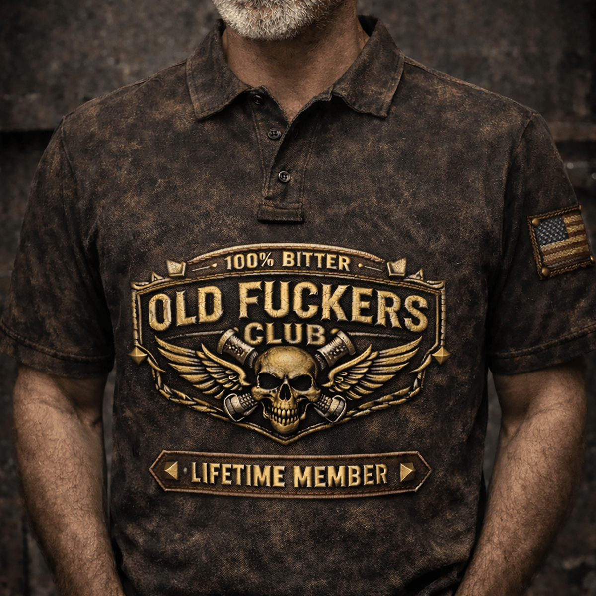 Old Fuckers Club Lifetime Member Printed Polo Shirt, Bitter Skull Biker Polo, Vintage Skull Veteran Gift Shirt, Patriotic Printed Polo Shirt