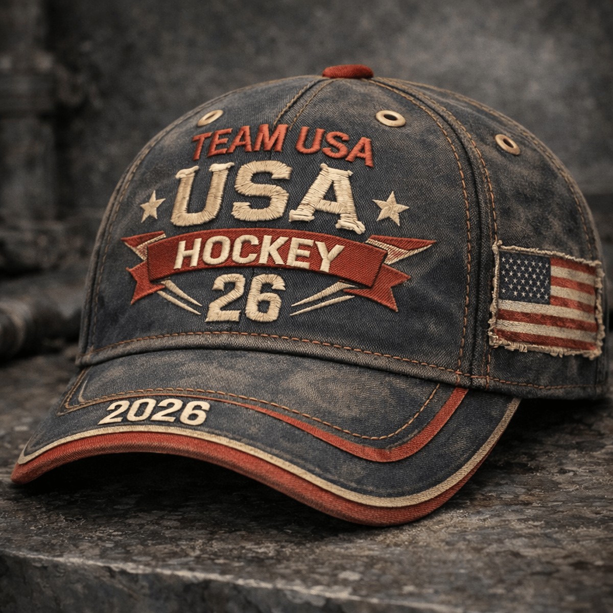 Team USA Hockey 26 2026 Printed Hat, Team USA Hockey Cap, Patriotic USA Hockey Fan Gift, Vintage Distressed Printed American Flag Printed Cap